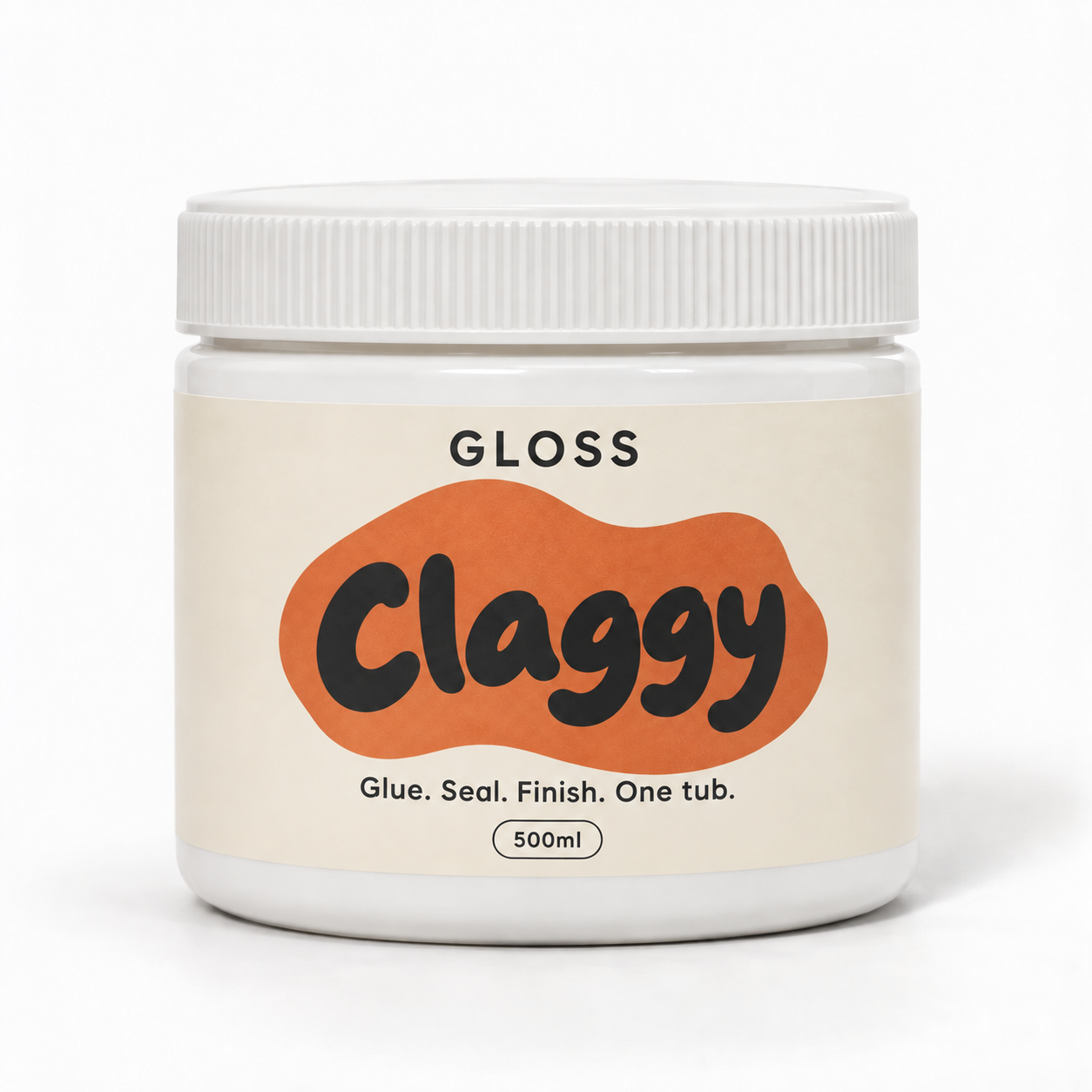 Claggy Gloss 500ml tub with a terracotta blob label
