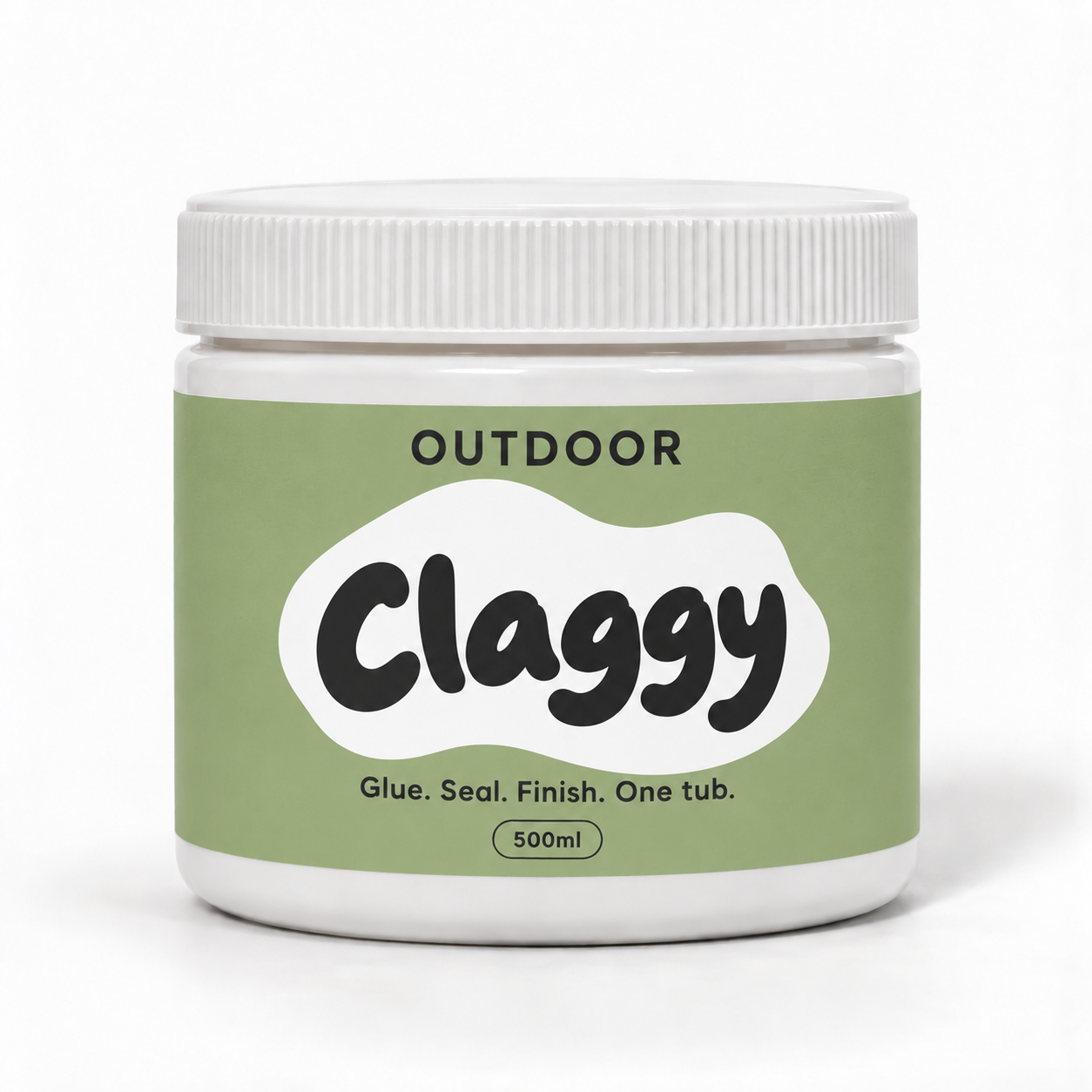 Claggy Outdoor 500ml tub with a green label and white blob