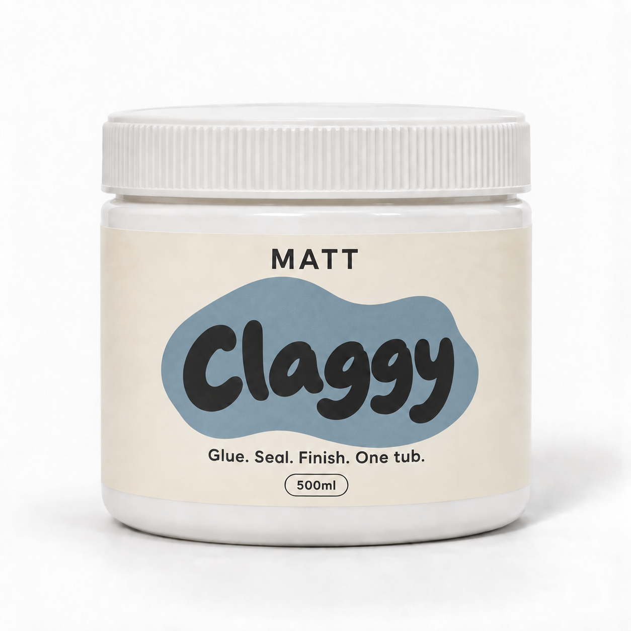 Claggy Matt 500ml tub with a dusty blue blob label